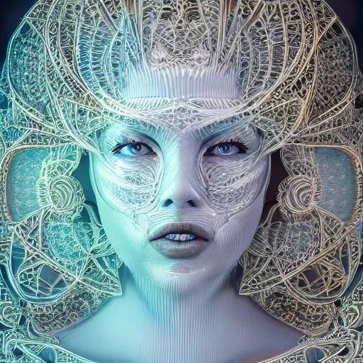 Image similar to beatifull frontal face portrait of a woman, 150mm, chromatic aberration, mandelbrot fractal, symmetric, intricate, elegant, highly detailed, ornate, ornament, sculpture, elegant , luxury, beautifully lit, ray trace, octane render in the style of peter Gric and alex grey