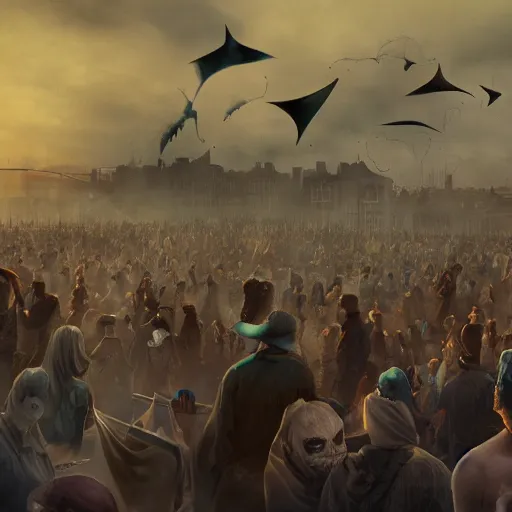 Prompt: Jaws dropped. Heads turned. Eyes widened in surprise as shady eight-eyed men squelched through the crowd and disappeared up into the sky, their faces hidden by masks. The tent is full of people, all staring at the sky above them and waiting for more to come flying out.