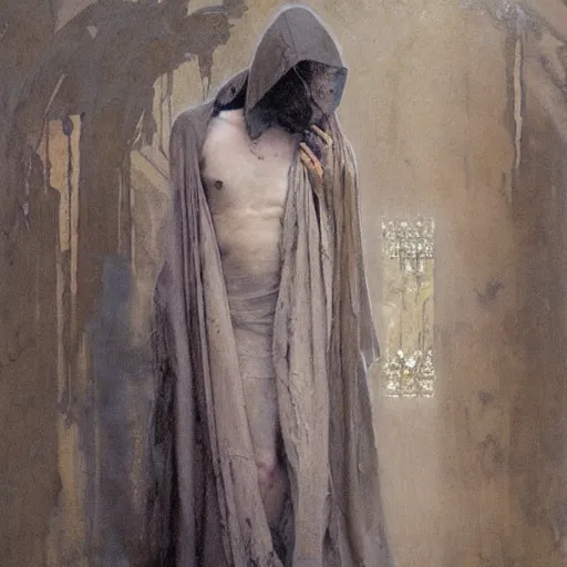 Image similar to hooded gaunt figure in long grungy decaying baptismal robes before a congregation of crows by nicola samori and tadema by greg rutkowski by alphonse mucha