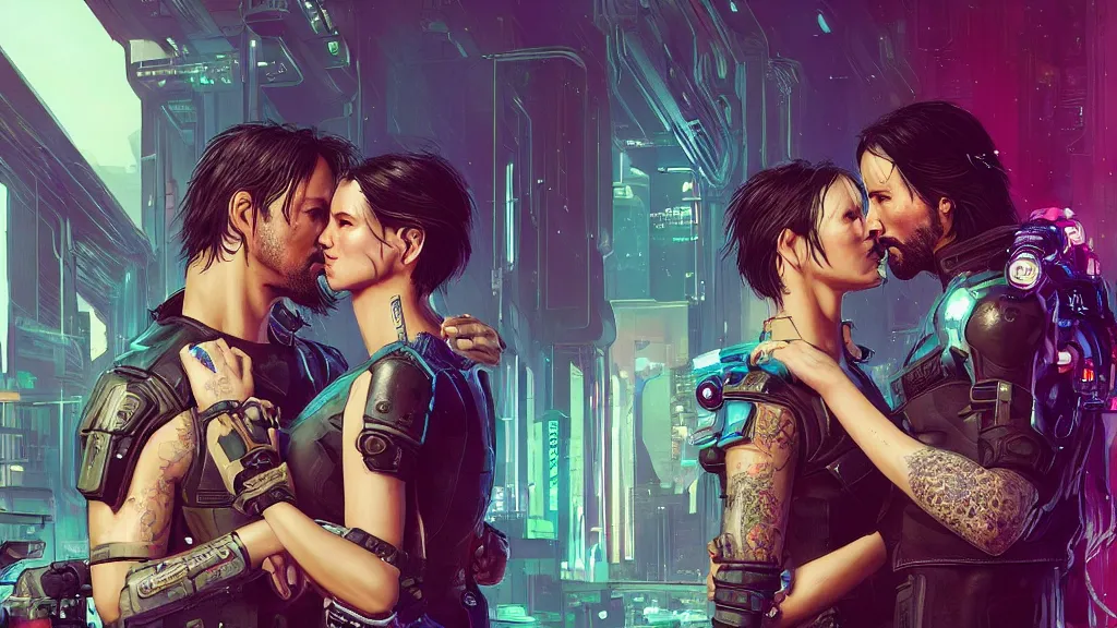 Image similar to a cyberpunk 2077 srcreenshot wedding couple portrait of a Keanu Reeves and a female android final kiss,love,film lighting,by Laurie Greasley,Lawrence Alma-Tadema,Andrei Riabovitchev,Dan Mumford,John Wick,Speed,Replicas,artstation,deviantart,FAN ART,full of color,Digital painting,face enhance,highly detailed,8K,octane,golden ratio,cinematic lighting