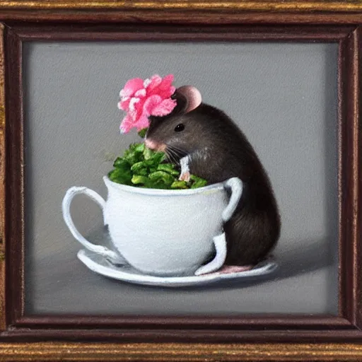 Image similar to A mouse cozied up for the evening sipping tea, oil painting