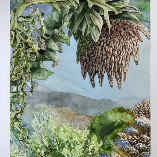 Image similar to delicate coastline mountain garden on paper, stony, puffy, botanical herbarium, botanic watercolors, iridescent, 8 k wide angle, realistic shaded, fine details, artstation, italian, rainbow, colonnade, oak, pinecone, pomegranade, vines, gardena architecture, pompeian, sicilian