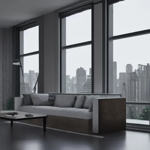 Image similar to brutalist open living room, big windows, showing city landscape on background, minimalist architecture, minimalist furniture, octane render, high quality, 8 k, post production