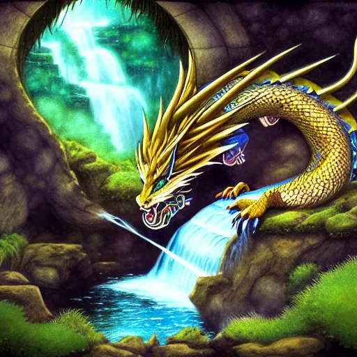 Image similar to furry art, female dragon sleeping by a waterfall, fursona commission, color page, tankoban, 4 k, tone mapping, jaime jones, alan lee