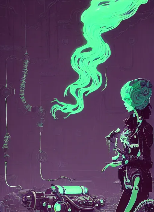 Prompt: highly detailed portrait of a beautiful wasteland punk long dripping green poison hair tribal lady, stray wiring by atey ghailan, james gilleard, by joe fenton, by greg rutkowski, by greg tocchini, by kaethe butcher, 4 k resolution, gradient purple, brown black and white color scheme!!! ( ( green flaming robotic sewer background ) )