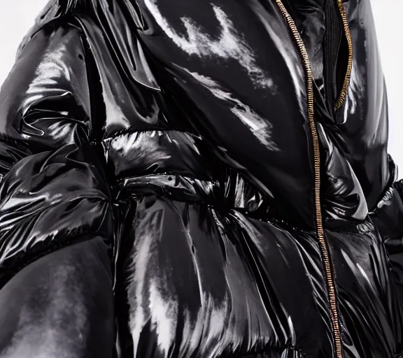 Image similar to well lit fashion shoot portrait of extremely beautiful female black marble statue wearing huge puffer jacket over size futuristic outerwear, puffer trouser, puffer jacket, puffer jacket by moncler genius, dingyun zhang, yeezy, balenciaga, vetements, sharp focus, clear, detailed, detailed, glamorous, symmetrical, vogue, editorial, fashion,