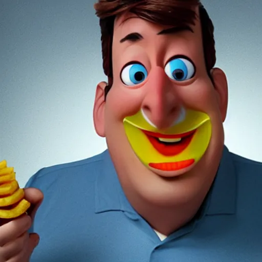 Image similar to photo of [ a single french fry chip ] shaped into stephen fry as a pixar character hybrid intercross mix cinematic lighting