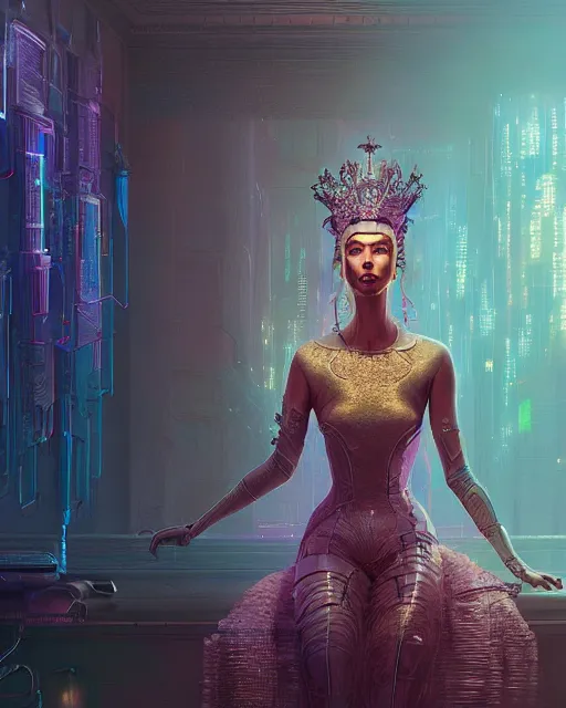 Prompt: highly detailed surreal vfx portrait of a cyberpunk queen in a majestic castle by golden tree, stephen bliss, unreal engine, greg rutkowski, loish, rhads, beeple, makoto shinkai and lois van baarle, ilya kuvshinov, rossdraws, tom bagshaw, alphonse mucha, global illumination, detailed and intricate environment