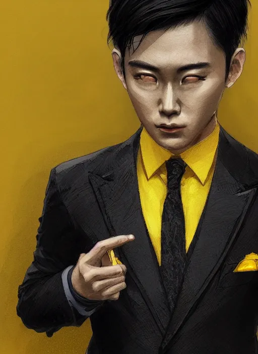 Image similar to a highly detailed illustration of attractive short black haired young asian man wearing suit, yellow eyes, dramatic thinking pose, intricate, elegant, highly detailed, centered, digital painting, artstation, concept art, smooth, sharp focus, league of legends concept art, WLOP