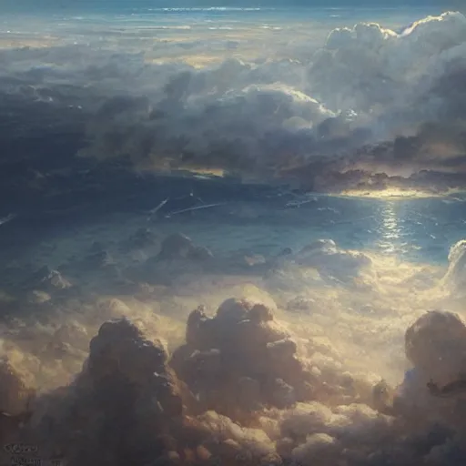 Prompt: islands in an ocean of clouds populated by an ancient civilization, oil painting, by greg rutkowski