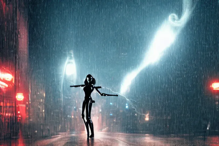 Prompt: vfx marvel sci-fi woman black super hero robot photo real full body action pose, flying over city street cinematic lighting, rain and fog by Emmanuel Lubezki