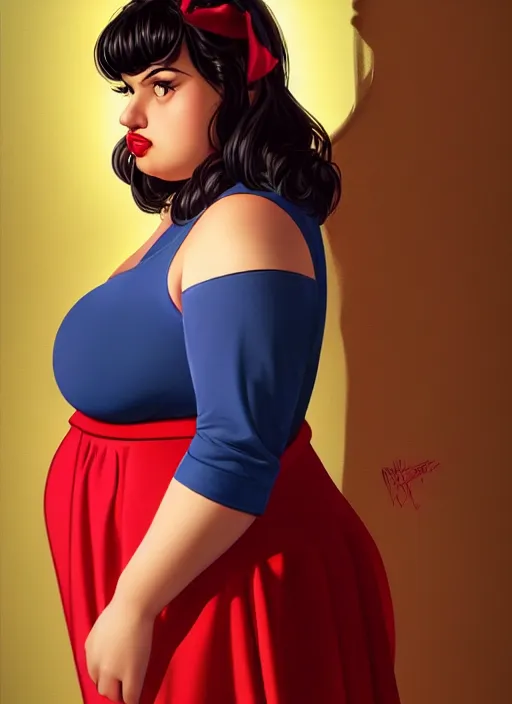 Image similar to full body portrait of teenage veronica lodge, obese, bangs, sultry, realistic, sultry smirk, wavy hair, red skirt, fat, belly, intricate, elegant, glowing lights, highly detailed, digital painting, artstation, concept art, smooth, sharp focus, illustration, art by wlop, mars ravelo and greg rutkowski