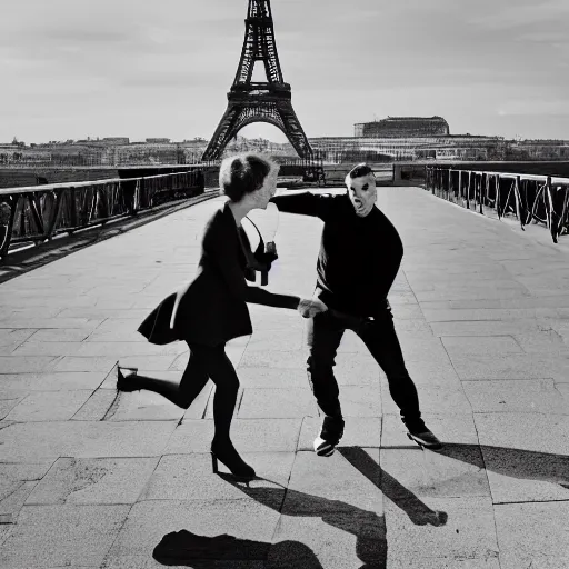 Prompt: a woman slaps a man on the cheek, effeil tower in the background