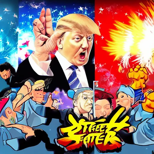 Prompt: xi jinping vs donald trump, street fighters, street fighter, fight, against, digital art, cartoon style