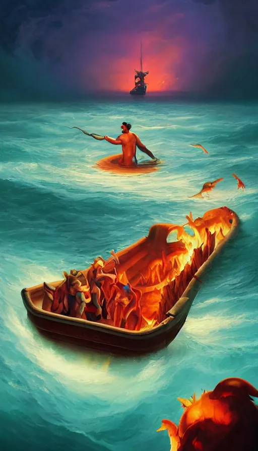 Image similar to man on boat crossing a body of water in hell with creatures in the water, sea of souls, by rhads