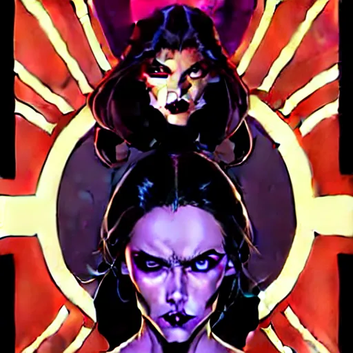 Image similar to rafael albuquerque comic cover art, artgerm, joshua middleton, pretty stella maeve witch doing black magic, serious look, purple dress, symmetrical eyes, symmetrical face, long black hair, twisted evil dark forest in the background, cool colors