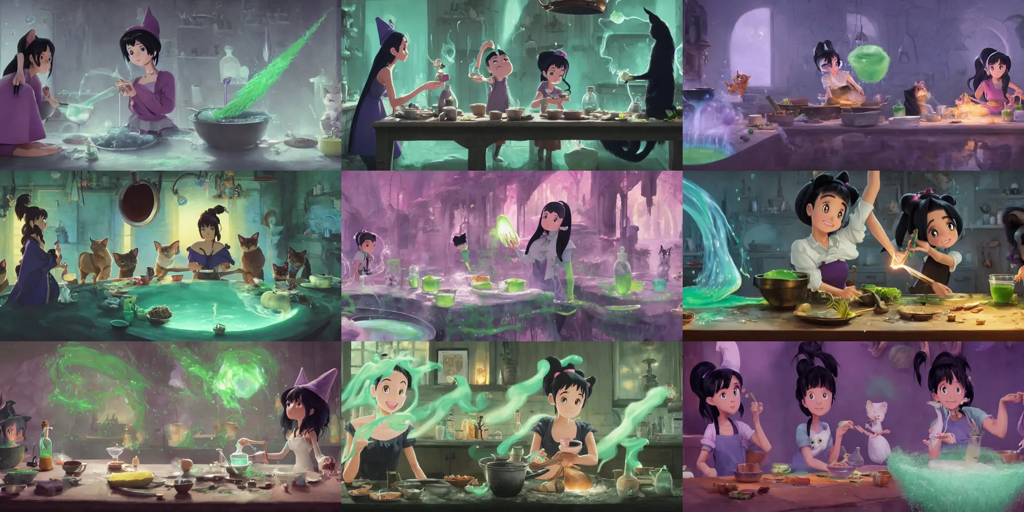 Prompt: a wholesome animation key shot of a ariana grande with black hair as a witch cooking a magic potion in her cauldron of bubbling green liquid as her cats watch, medium shot, waist up, studio ghibli, pixar and disney animation, sharp, rendered in unreal engine 5, anime key art by greg rutkowski, bloom, dramatic lighting