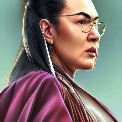 Image similar to steven seagal female, jedi master, wearing the traditional jedi robe, beautiful and uniquely odd looking, detailed symmetrical close up portrait, intricate complexity, in the style of artgerm and ilya kuvshinov, magic the gathering, star wars art