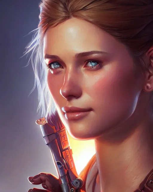 Image similar to Chloe (Uncharted), closeup, D&D, fantasy, intricate, elegant, highly detailed, digital painting, artstation, concept art, matte, sharp focus, illustration, hearthstone, art by Artgerm and Greg Rutkowski and Alphonse Mucha