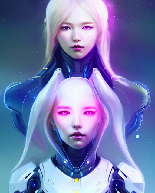 Image similar to perfect android girl family, full body character design, warframe armor, beautiful face, scifi, futuristic, galaxy, nebula, bae suzy, dreamy, long white hair!!!, yellow cyborg eyes, sharp focus, cinematic lighting, highly detailed, artstation, divine, by huifeng huang, smooth gradient.
