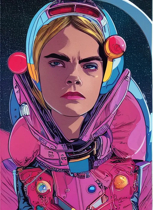 Prompt: Cara Delevingne as badass space wizard in retro science fiction cover by Moebius, vintage 1960 print, detailed, trending on artstation, close up