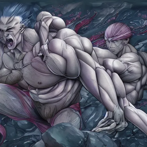 Image similar to a crawling mountain of muscles, highly detailed, anime, pale colors, award winning pictures, by studio mappa, by studio wit