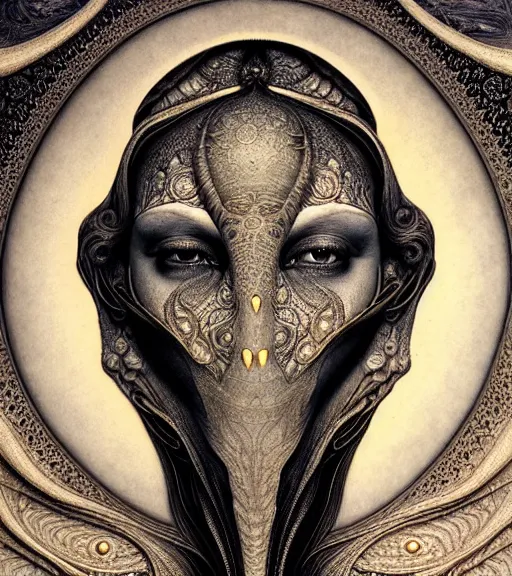 Image similar to detailed realistic beautiful scarab goddess face portrait by jean delville, gustave dore, iris van herpen and marco mazzoni, art forms of nature by ernst haeckel, art nouveau, symbolist, visionary, gothic, neo - gothic, pre - raphaelite, fractal lace, intricate alien botanicals, ai biodiversity, surreality, hyperdetailed ultrasharp octane render