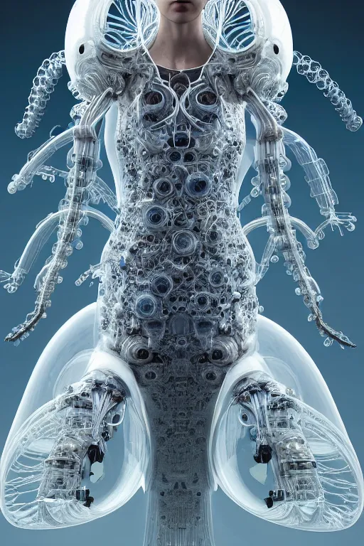 Prompt: background space station, baroque puffy dress iris van herpen positing on floor, perfect symmetrical, full body shot, white helmet on face, inflateble shapes, wires, tubes, veins, jellyfish, white biomechanical details, wearing epic bionic implants, masterpiece, intricate, biopunk, vogue, highly detailed, artstation, concept art, cyberpunk