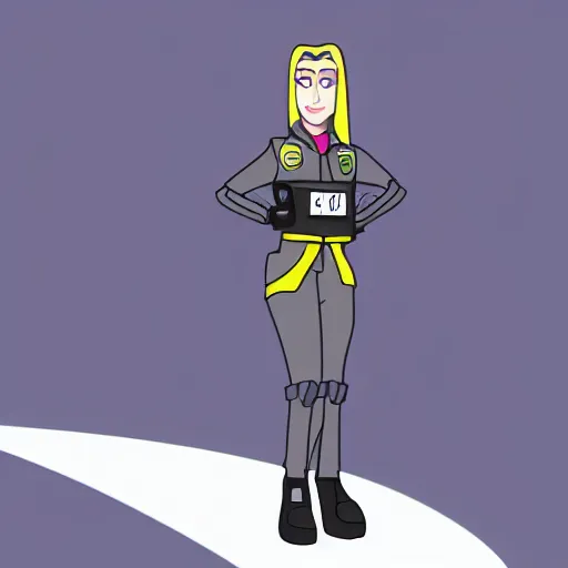 Image similar to a futuristic female security guard in american animation style