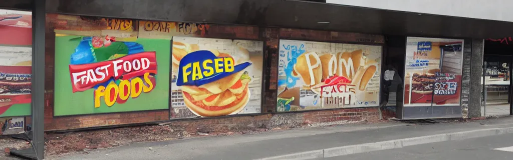 Prompt: fast food logo advertising signs decaying and torn