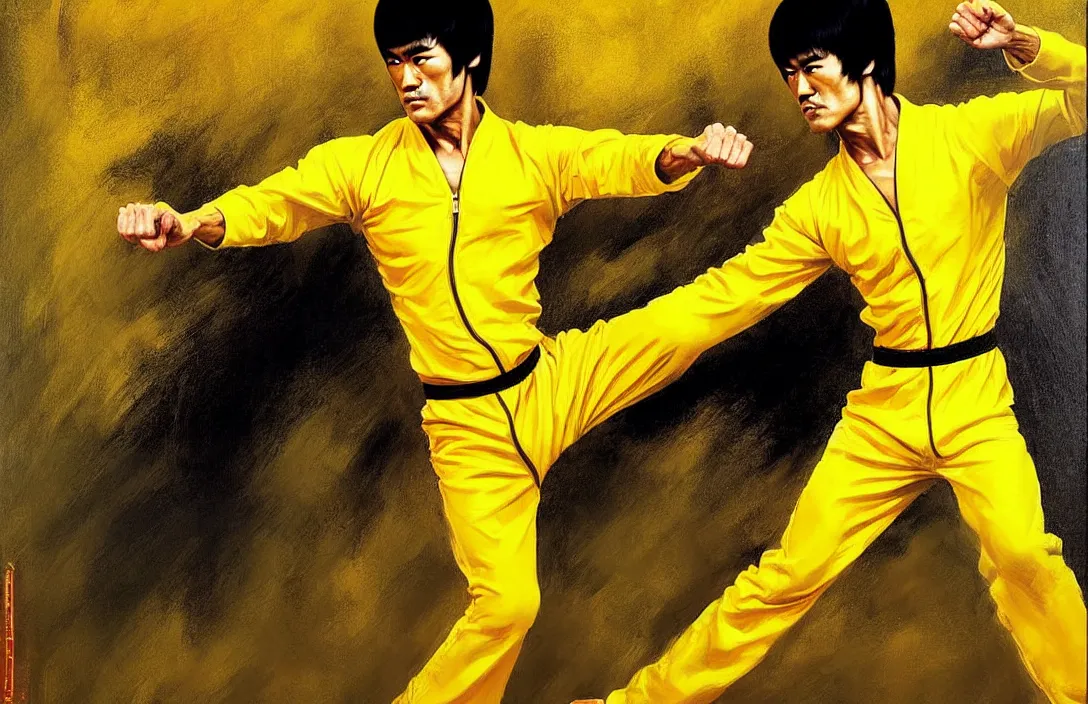 Image similar to portrait of bruce lee in yellow jump suit!!!!!!!!!!!!!!!!!!!!!!!!!!!, detailed face, detailed painting, epic lighting, by ilya repin, phil hale and kent williams