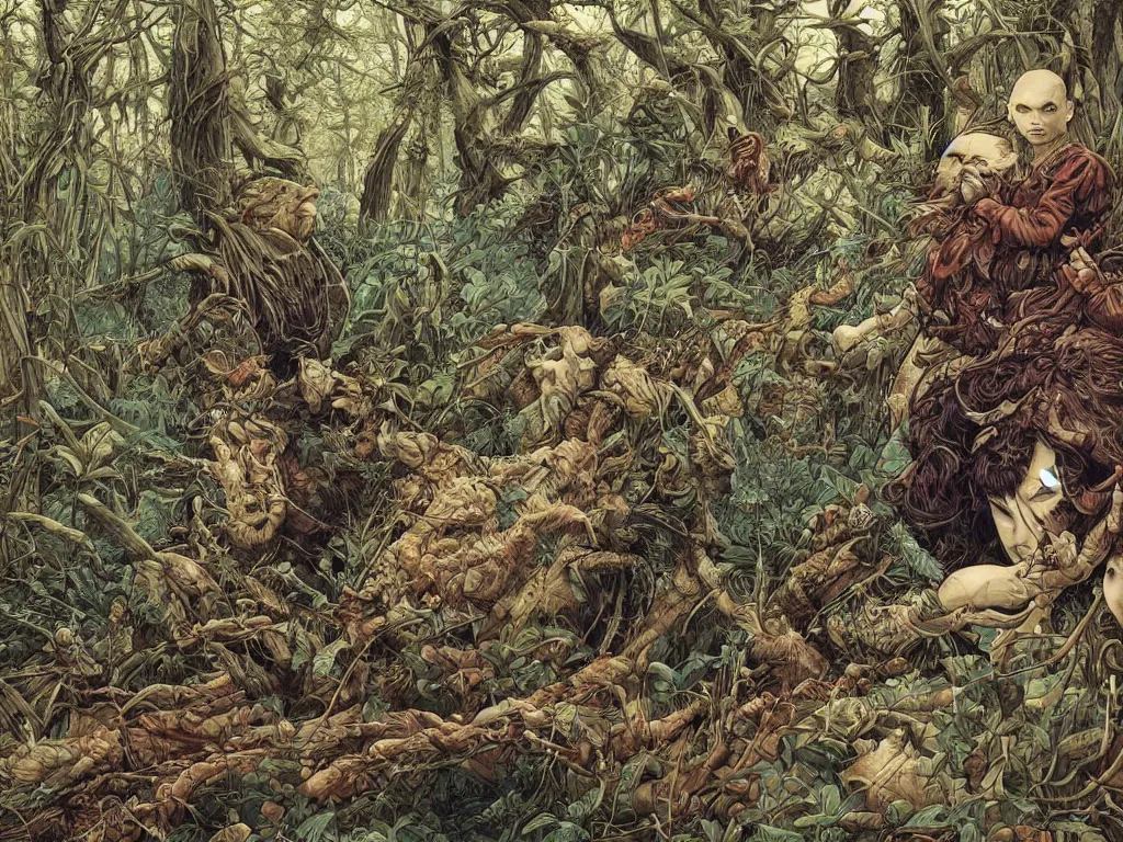 Prompt: gamekeepers hunt on crazy splinter in mystical forest. josan gonzales and dan mumford, ayami kojima, takato yamamoto, barclay shaw, karol bak, yukito kishiro