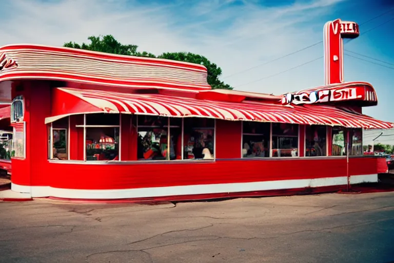 Prompt: 1 9 7 5 crawfish themed classic american diner, googie architecture, two point perspective, americana, restaurant exterior photography, hd 4 k, taken by alex webb