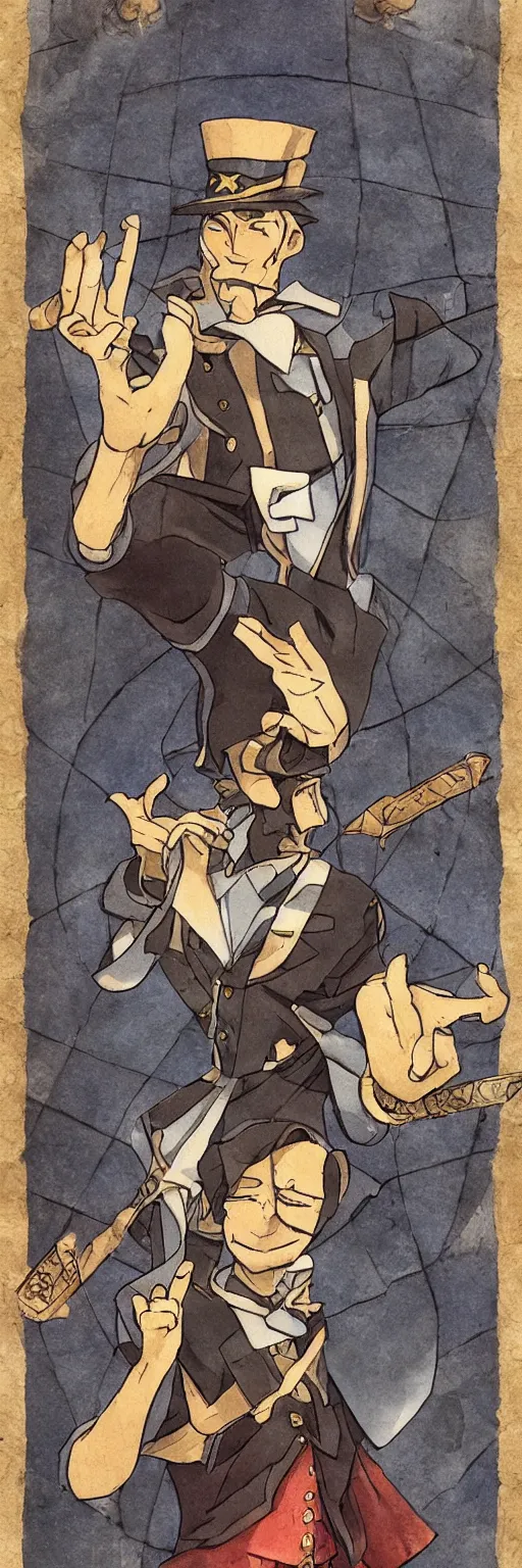 Image similar to the judge from Ace Attorney with a beam scale in one hand. Tarot card Justice, impressive art, detailed, single subject, high quality