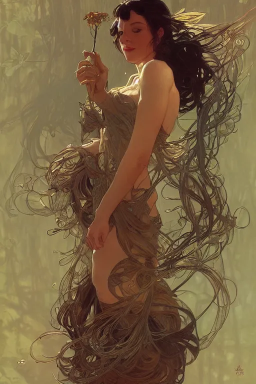 Image similar to beautiful natural coy cottagecore goddess maiden, master drawing, intricate, elegant, highly detailed, digital painting, artstation, concept art, smooth, sharp focus, illustration, art alphonse mucha and james gurney and craig mullins and wlop