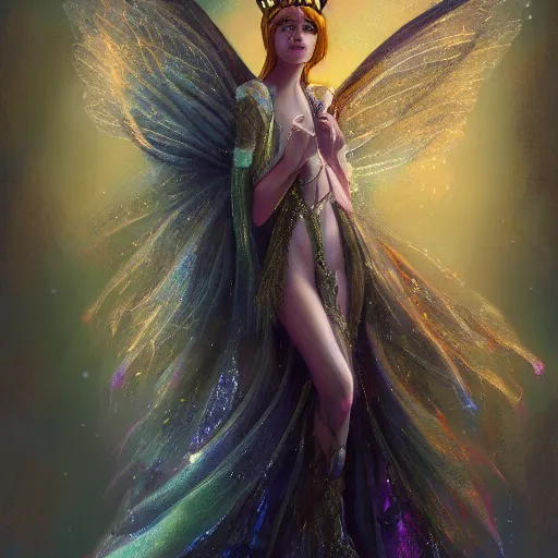 Image similar to detailed portrait of a fairy queen with wings wearing a silk robe, crown, pixie, iris, realism, emerald, galaxy, sapphire,blonde hair going down to the floor, moonlit, dark fantasy, dramatic lighting, cgsociety, artstation