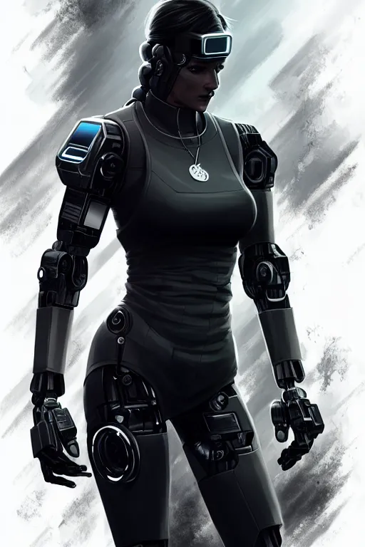 Image similar to gina carano with robotic left arm, casual black clothing, casual pose, large portrait, cyberpunk, digital painting, artstation, concept art, smooth, 8 k frostbite 3 engine, ultra detailed, art by artgerm and greg rutkowski and magali villeneuve