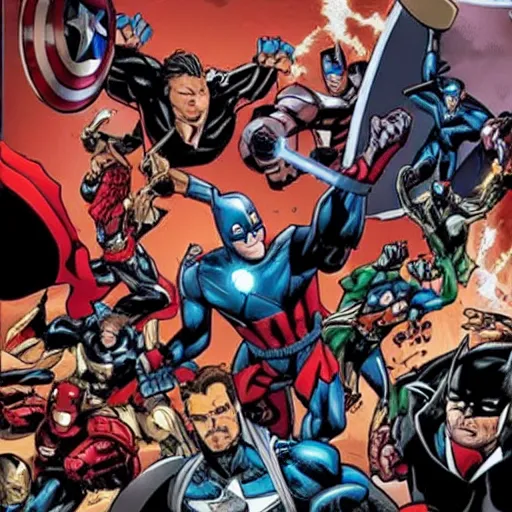 Image similar to The avengers having a epic battle with the justice League