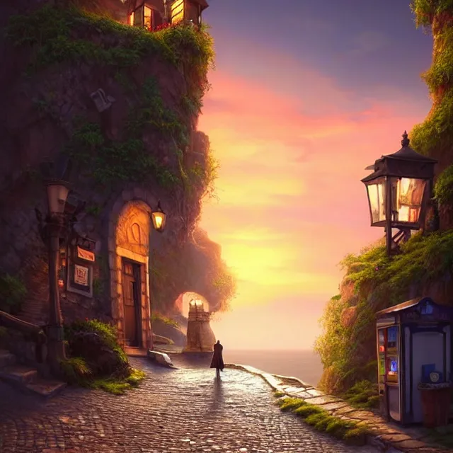 Prompt: epic professional digital art of a lonely cobblestone street with a kiosk on a cliff over the sea at sunset, best on artstation, cgsociety, wlop, Behance, pixiv, astonishing, impressive, outstanding, epic, cinematic, stunning, marketing design, gorgeous, much detail, much wow, masterpiece.