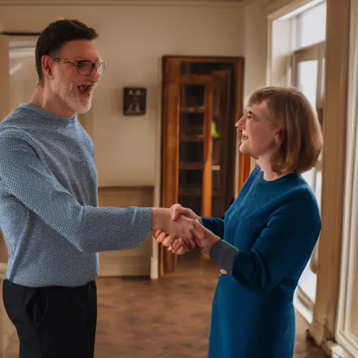 Prompt: jerma985 excitedly shaking hands with Cathy Mitchell, wide shot, 4k, professional photography, editorial, detailed, film still