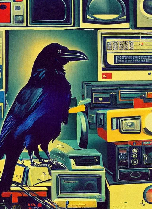 Image similar to a raven digging through 8 0 s era technology, vintage shapes, retro technology, happy color, wayne barlow, oil on canvas, deep depth of field, masterpiece, cinematic composition, hyperdetailed