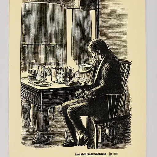 Prompt: linotype print of a tired man sitting hunched over in a restaurant. Bill is on the table and food is uneaten.