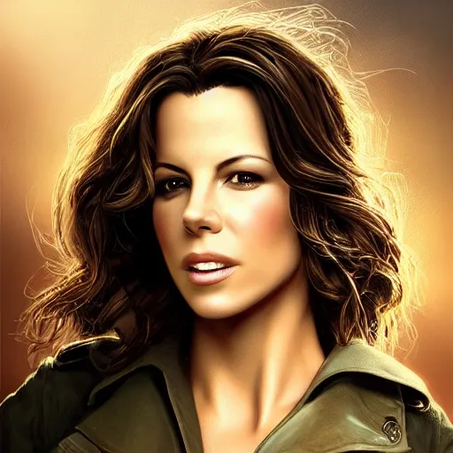 Image similar to closeup portrait of a kate beckinsale as a software engineer, seductive smile, soldier, army chiaroscuro, computer geek, golden hour, dramatic lighting, complementary contrast, high detail, painted by greg rutkowski, painted by igor kieryluk, trending on artstation