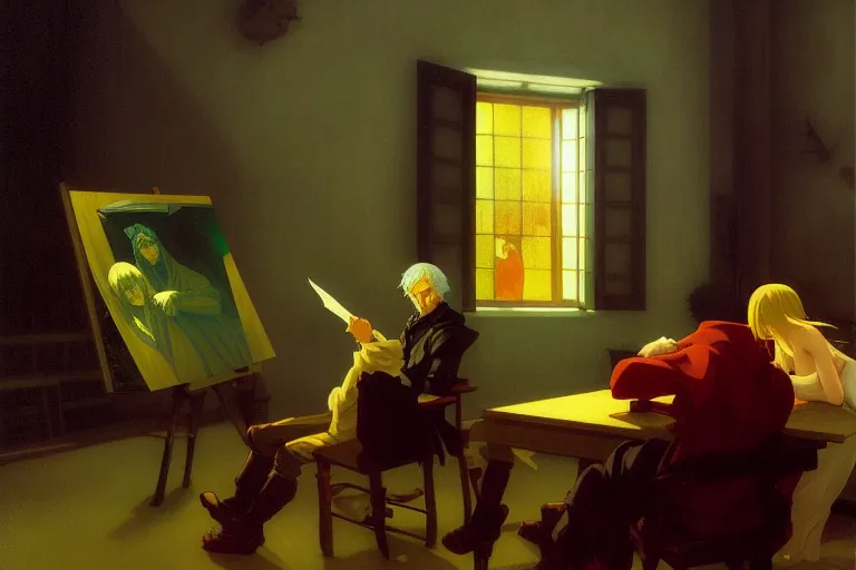 Image similar to anime key visual of leonardo davinci consorting with demons, style of jamie wyeth james gilleard edward hopper greg rutkowski acrylic painting, preserved museum piece, historical