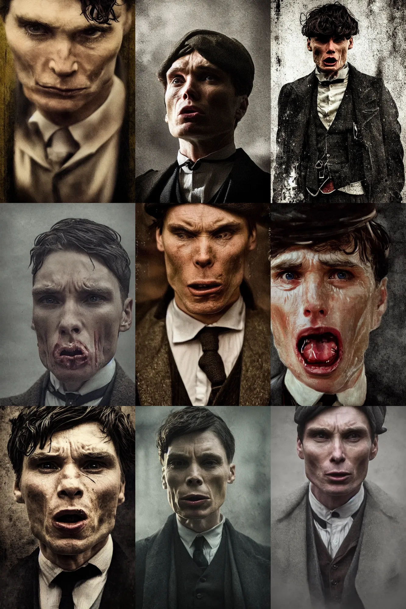 Prompt: portrait roaring Cillian Murphy in Peaky Blinders cry of pain, screaming open mouth pain, suffering, doom very angry beautiful face, Perfect detailed face, front view dramatic, gloomy, dark, bleak, cheerless, desolate, impressive, tragic, cinematic dull colours, dark colour scheme, atmospheric by Christopher Nolan