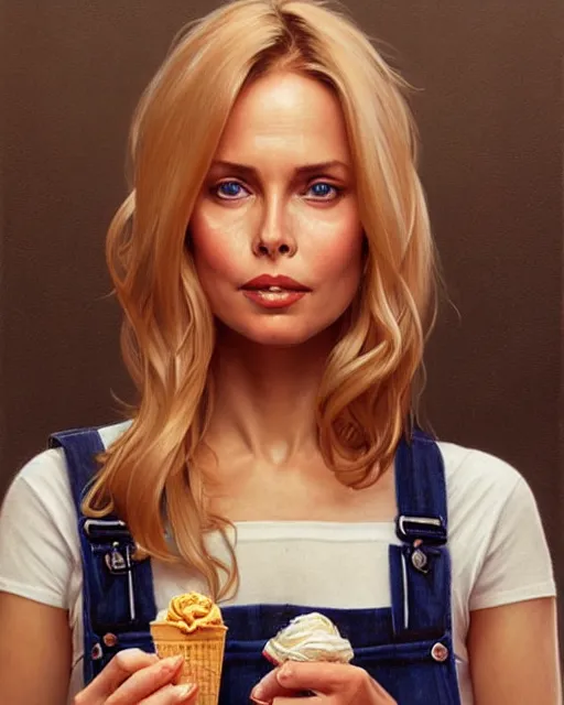 Image similar to portrait of a blonde fuller figured barbara bach from the bond film wearing dungarees and eating ice creams in porto, real life skin, intricate, elegant, highly detailed, artstation, concept art, smooth, sharp focus, art by artgerm and greg rutkowski and alphonse mucha