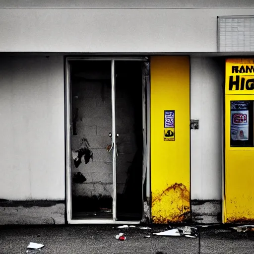 Prompt: a ransacked convenience store, broken door, in a town filled with pale yellow mist. Dystopian. Grainy. Award-winning photo. Sigma 40mm f/1.4 DG HSM