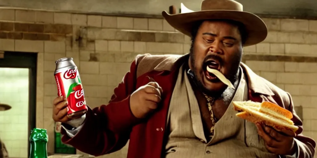 Image similar to fat Django unchained in subway eat sandwich and drink coca cola.