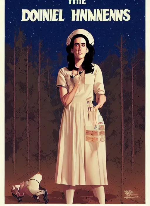 Image similar to poster artwork by Michael Whelan and Tomer Hanuka, Karol Bak of Jennifer Connelly wearing RR Double R diner waitress dress uniform, from scene from Twin Peaks, clean