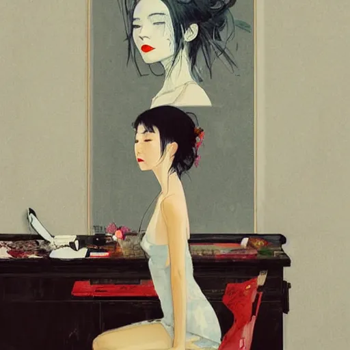 Image similar to painting by wlop, conrad roset, coby whitmore, and chie yoshii. of a pretty cute japanese beauty sitting on antique chair leaning against a desk, sideview, victorian room